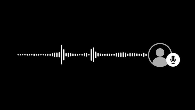 Voice message audio waveform with user profile icon and microphone symbol on black background. Minimalist vocal mic symbol for voice recording. Audio waveform spectrum animation.