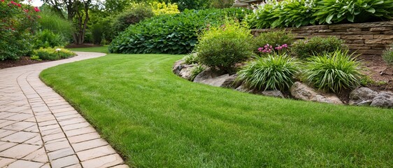 Naklejka premium The Serene Curved Garden Pathway and Lush Lawn Landscape With Stone Terraces