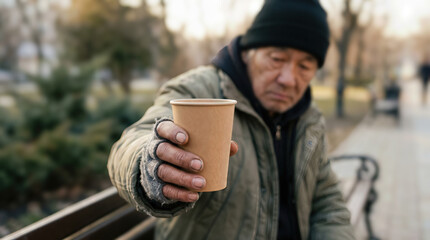 Fototapeta premium Older man wearing a black beanie and green jacket holds a cardboard cup while sitting on a park bench surrounded by trees and blurred pedestrians in the background