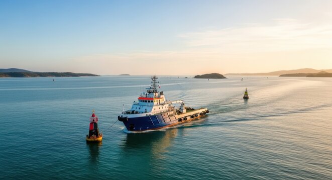 A robust navigation support vessel sails through calm waters at sunset near islands, guiding maritime traffic safely.