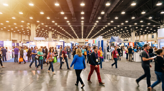 Crowd of people walking through a brightly lit exhibition hall, showcasing a business event or trade show, symbolizing networking and industry engagement.