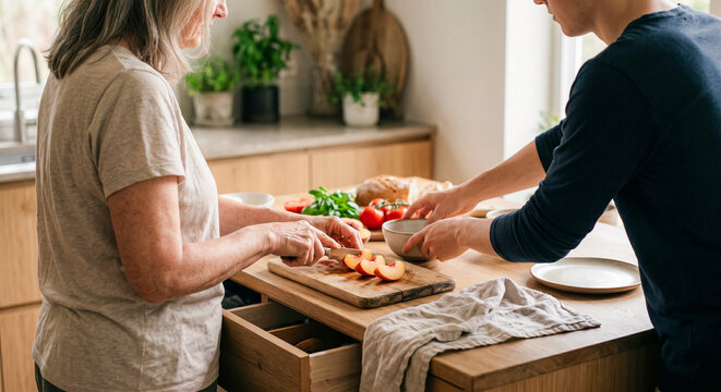 Mother and adult daughter smaking breakfast together