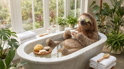 Fototapeta premium Surreal Silliness wellness scene showing a relaxed sloth enjoying a luxurious bubble bath in a bright tropical bathroom