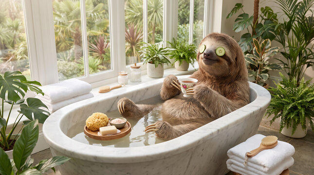 Surreal Silliness wellness scene showing a relaxed sloth enjoying a luxurious bubble bath in a bright tropical bathroom