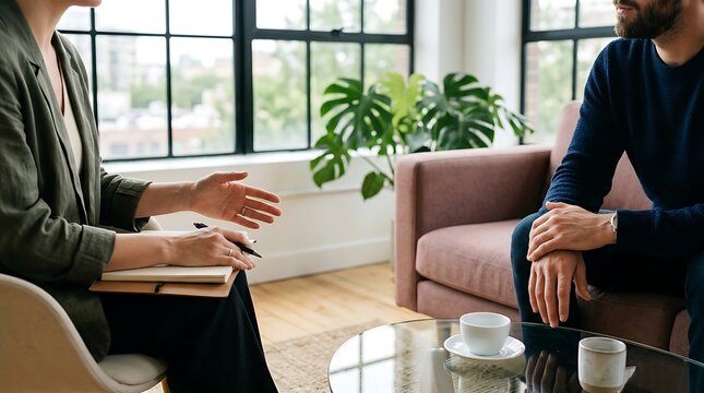 Therapy session with a professional counselor and client discussing mental health and well-being