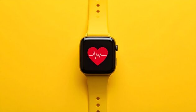 Top-down view of a yellow smartwatch with a heart rate symbol on a black screen, creating a clean healthcare and fitness concept focused on wearable technology and personal wellness.