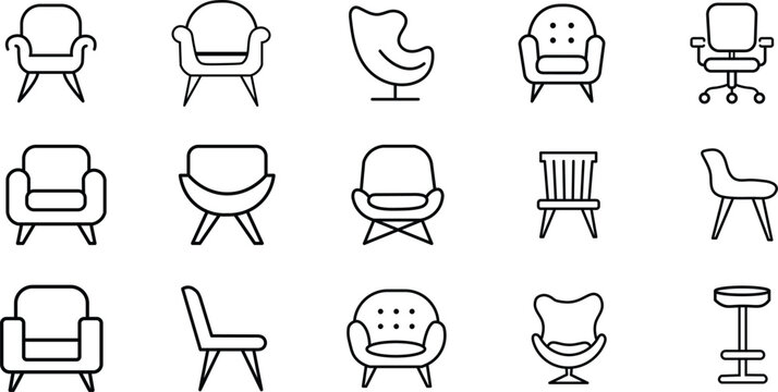 Armchair and chair icons line art set minimalist modern furniture vector simple style.