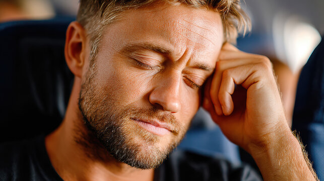 Close up of weary man with eyes closed and hand on forehead on plane seat showing exhaustion, in-flight sleep attempt and jet lag symptoms useful for travel health articles and sleep tips