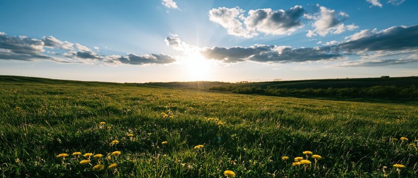 The Meadow at Sunset Open Field Dotted with Dandelions and Warm Light