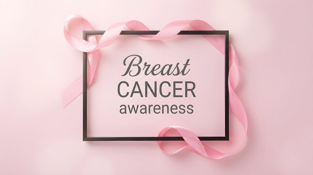 A beautiful flat lay composition featuring a breast cancer awareness month pink ribbon surrounding a sign that promotes health education and support for women everywhere