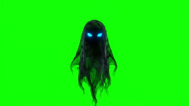 Floating dark ghost with glowing blue eyes on a green screen background,chroma key