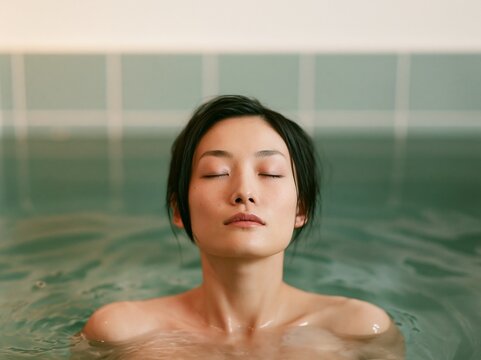 心地よい温泉の湯船に肩まで浸かり目を閉じて深くリラックスする女性