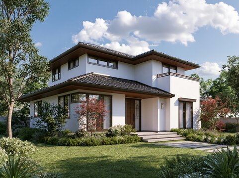 日没後の美しい薄明かりに照らされるモダンな2階建て注文住宅の外観