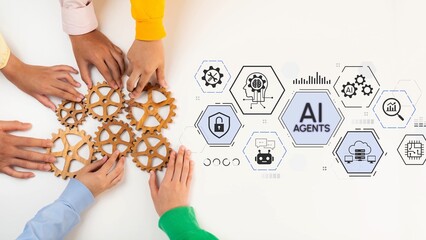 Obraz premium Hands gather around wooden gears, symbolizing collaboration and innovation, with AI technology icons reflecting the synergy of teamwork and advanced digital solutions. Entropy.