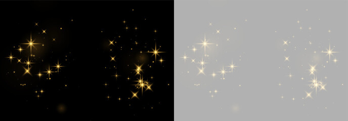 Clusters of shimmering golden stars scattered against a black background with soft glowing effects on transparent background © svetilo