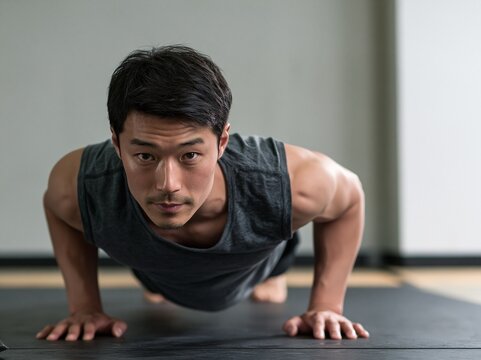 床に手を突き真剣な表情で腕立て伏せ（プッシュアップ）に励む男性