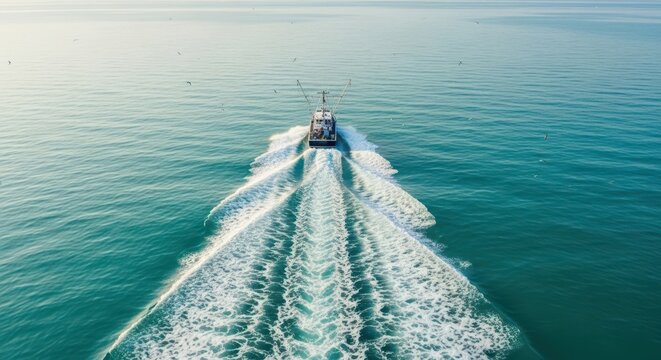 Fishing boat leaves a prominent white wake as it travels across the calm blue ocean water under a clear sky at dawn
