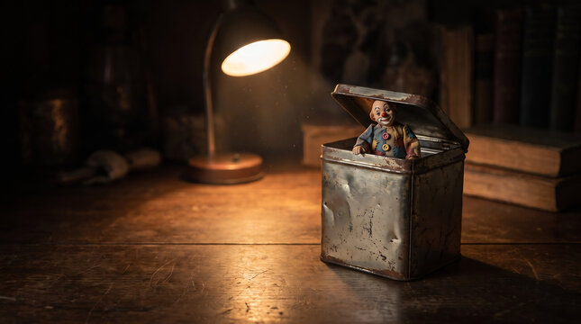 Surreal Silliness scene of a tiny whimsical character emerging from an antique metal container in a warm vintage interior