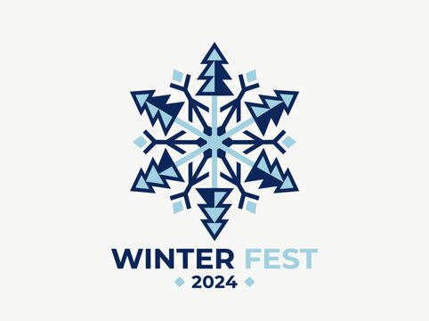 Blue snowflake and pine tree logo for winter festival.