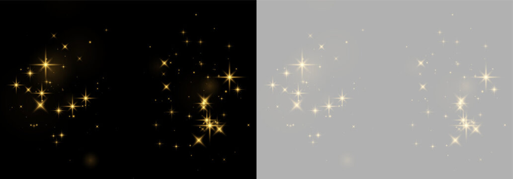 Clusters of shimmering golden stars scattered against a black background with soft glowing effects on transparent background