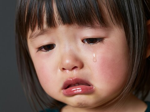 頬を伝う一筋の涙を浮かべて悲しそうに泣く女の子のクローズアップ