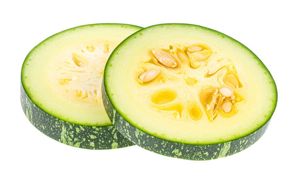 Tasty gourd sliced into round pieces, fresh moist texture and visible seeds, isolated on transparent background
