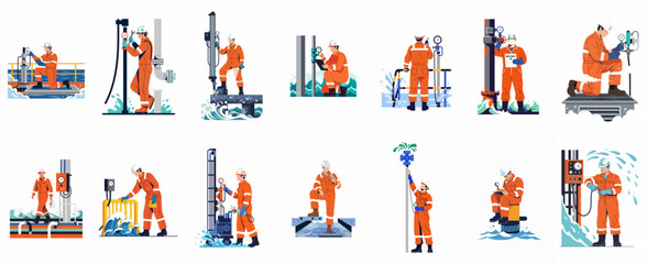 Fototapeta premium Vector Illustrations of Offshore Oil Rig Workers in Orange Jumpsuits Performing Various Tasks on an Industrial Platform