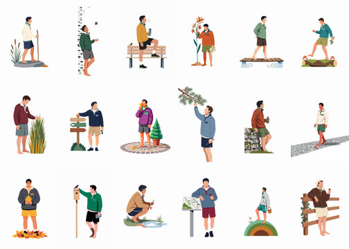 Collection of flat vector illustrations featuring men engaged in diverse outdoor activities, hiking, and exploring, perfect for architectural visualization and design.