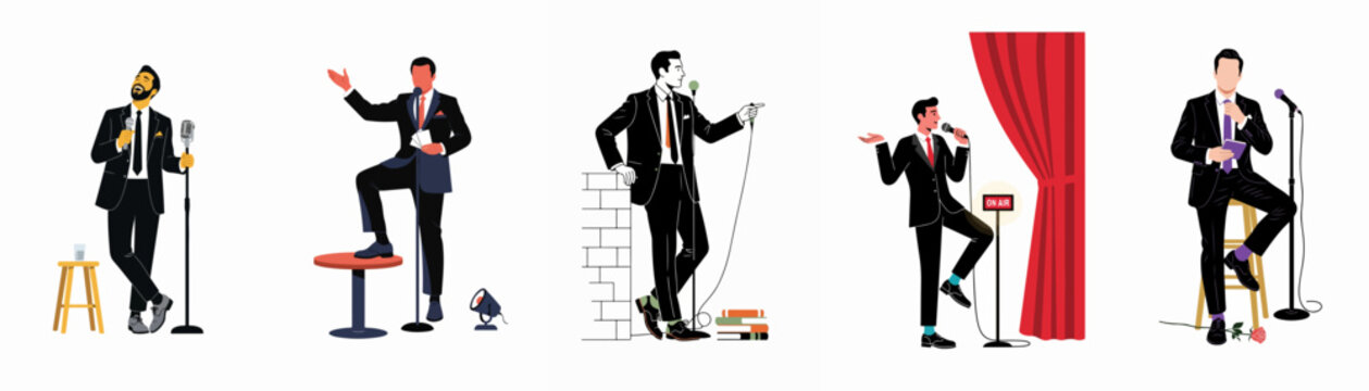 Vector illustration collection of men in formal suits performing on stage with microphones, featuring various poses for comedy, singing, and public speaking.