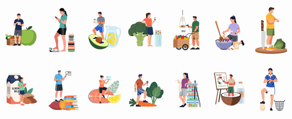 Fototapeta premium Set of flat vector illustrations representing healthy lifestyle, nutrition, weight management, and diet concepts with people and giant healthy food items.