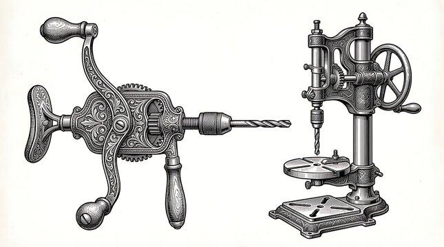 Vintage Ornate Hand Drill and Antique Drill Press Mechanical Tools Illustration Engraving Style