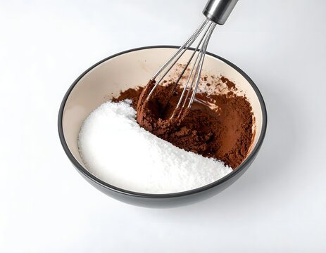 Whisking Cocoa Powder and Sugar in a Bowl for Baking Preparation