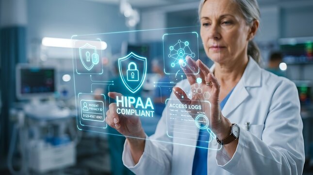 Doctor interacting with HIPAA compliant digital health record interface for patient privacy