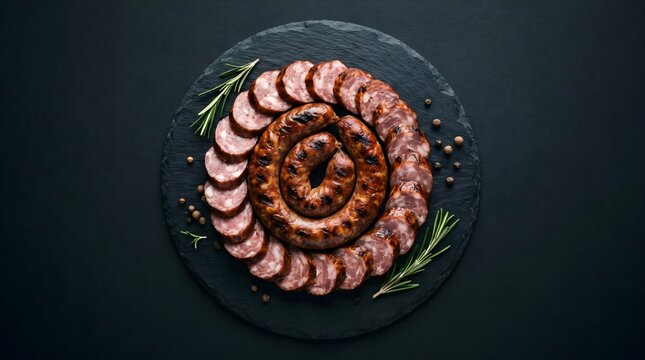 Spiral sausage cut into slices with whole smoked sausage on dark slate board top view