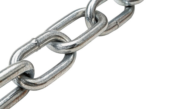 Strong metallic steel chain link segment close up isolated on transparent background