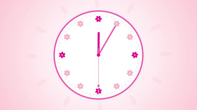 A minimalist pink clock face animation featuring delicate floral hour markers and a smooth ticking hand motion for elegant graphic design projects