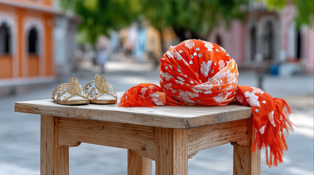 Orange floral punjabi turban with embroidered jutti shoes on wooden stool for cultural display and street market banner