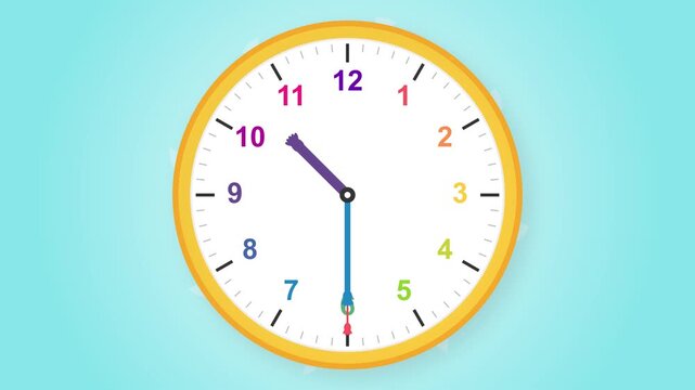 Vibrant analog wall clock illustration with colorful numbers and hands, showcasing the precise measurement and continuous flow of time for daily life and educational purposes