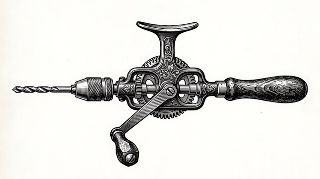 Vintage Antique Hand Crank Drill Illustration with Ornate Floral Engraving and Wooden Handle Isolated