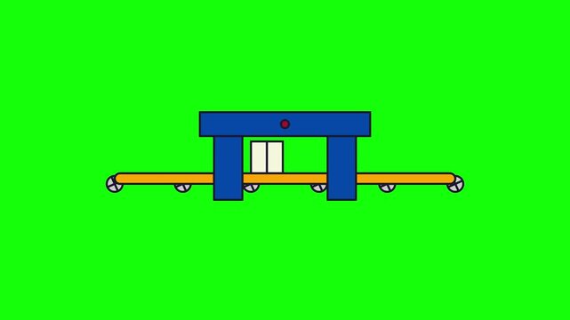 2D Flat Vector Illustration of an Industrial Conveyor Belt System with Blue Scanner Arch and Small White Package on a Bright Green Background for Chroma Key Compositing and Motion Graphics.
