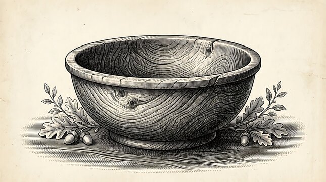 Vintage Hand-Drawn Woodcut Illustration of a Wooden Bowl with Oak Leaves and Acorns on Rustic Paper