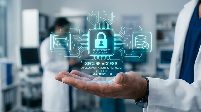 Doctor displays secure patient data access with digital lock and encrypted medical records