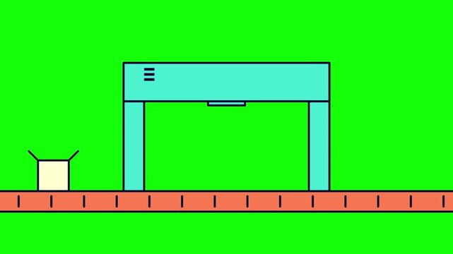Flat vector illustration of a mechanical industrial conveyor belt assembly line featuring a robotic arm and a white shipping box on an orange track against a green background.