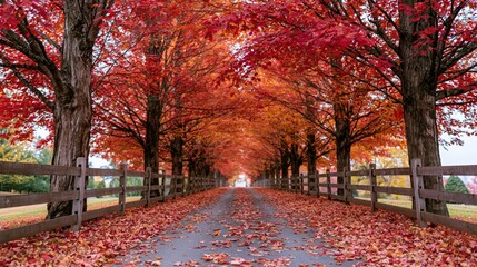 Naklejka premium The Pathway Through a Crimson Autumn Canopy Along Tree Lined Avenues