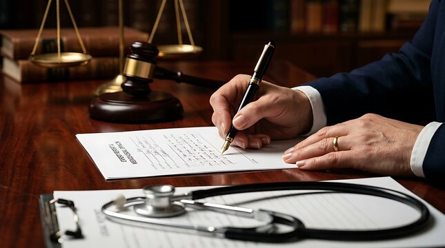 Professional lawyer writing medical legal opinion with gavel and scales of justice