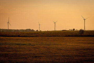 Obraz premium Modern wind turbines silhouette in agricultural field against warm hazy orange sunset sky