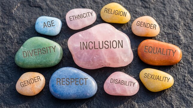 Inclusive words on colorful wooden stones. Diversity in community and work culture concept.