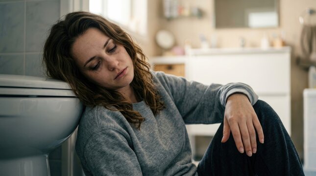 Exhausted Woman Sitting on Bathroom Floor Beside Toilet Feeling Sick and Unwell