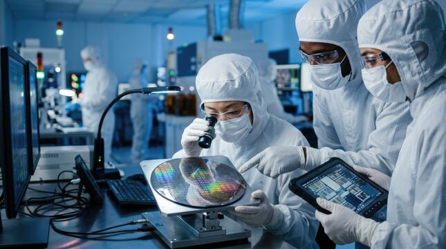 Semiconductor Engineers Inspecting Silicon Wafer in Advanced High Tech Cleanroom Laboratory