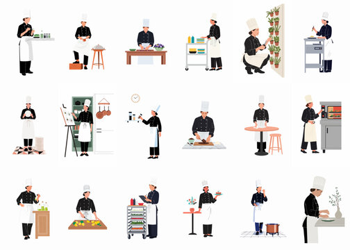 Collection of eighteen flat vector illustrations featuring professional chefs engaged in various kitchen activities like cooking, baking, serving, and food preparation.